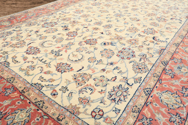 6x9 Ivory, Rose, Blue Color Hand Knotted Indo Kashan Wool Traditional Oriental Rug