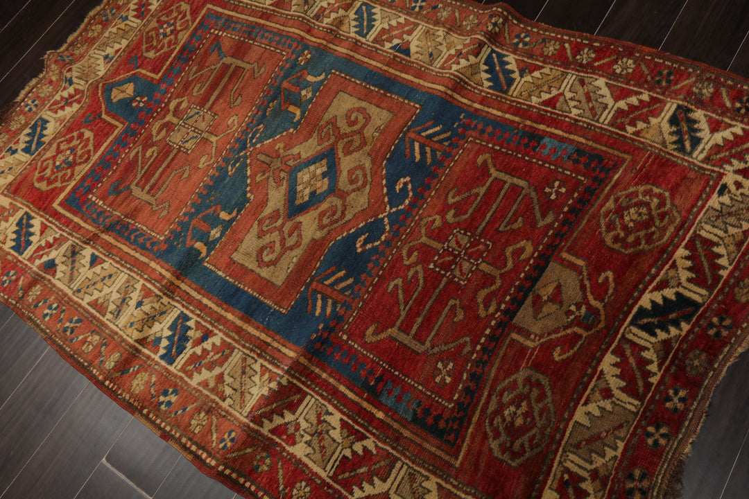 4x6 Rose, Turquoise, Ivory Color Hand Knotted Antique Kazak Wool Traditional Oriental Rug