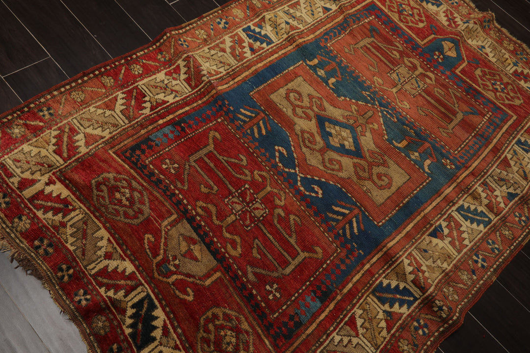 4x6 Rose, Turquoise, Ivory Color Hand Knotted Antique Kazak Wool Traditional Oriental Rug