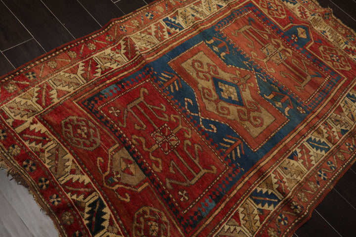 4x6 Rose, Turquoise, Ivory Color Hand Knotted Antique Kazak Wool Traditional Oriental Rug