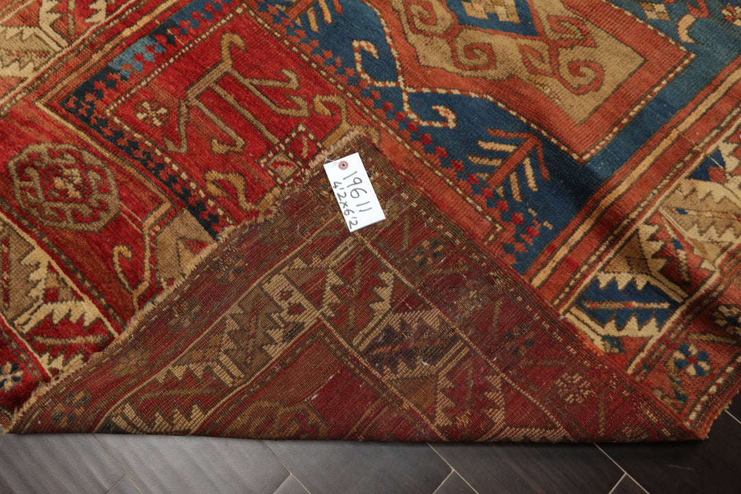 4x6 Rose, Turquoise, Ivory Color Hand Knotted Antique Kazak Wool Traditional Oriental Rug