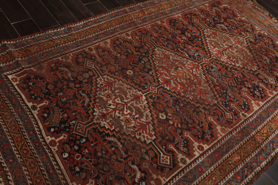 5x9 Charcoal, Beige, Rust Color Hand Knotted Antique Kazak Wool Traditional Oriental Rug