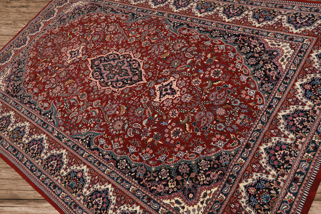 6x9 Red, Ivory, Navy Color Hand Knotted Pak Persian Wool & Silk Traditional Oriental Rug