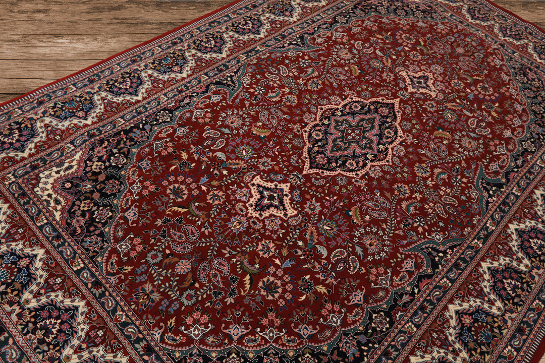 6x9 Red, Ivory, Navy Color Hand Knotted Pak Persian Wool & Silk Traditional Oriental Rug