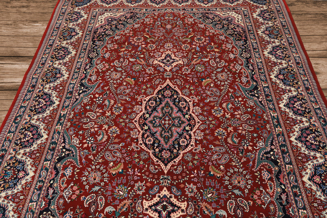 6x9 Red, Ivory, Navy Color Hand Knotted Pak Persian Wool & Silk Traditional Oriental Rug