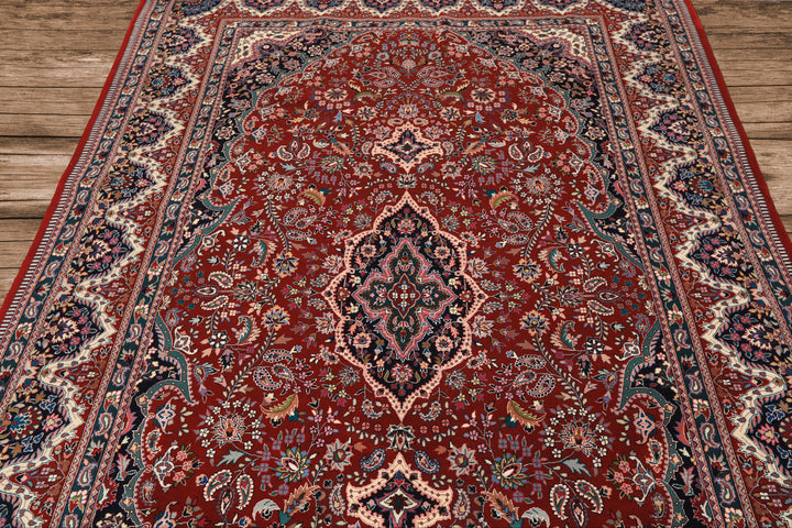 6x9 Red, Ivory, Navy Color Hand Knotted Pak Persian Wool & Silk Traditional Oriental Rug