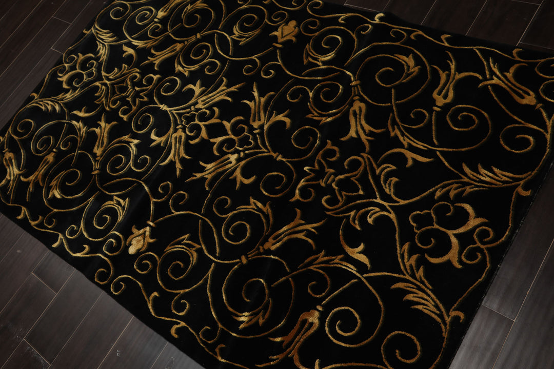 4x6 Black, Gold, Color Hand Knotted Tibetan Wool & Silk Transitional Oriental Rug