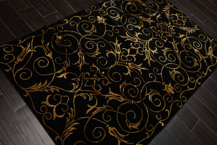 4x6 Black, Gold, Color Hand Knotted Tibetan Wool & Silk Transitional Oriental Rug