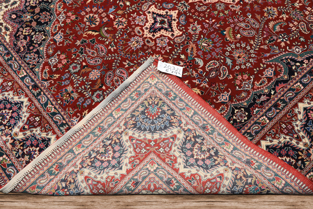 6x9 Red, Ivory, Navy Color Hand Knotted Pak Persian Wool & Silk Traditional Oriental Rug