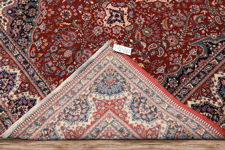 6x9 Red, Ivory, Navy Color Hand Knotted Pak Persian Wool & Silk Traditional Oriental Rug