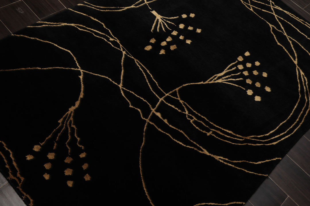 4x6 Black, Gold, Color Hand Knotted Tibetan Wool & Silk Contemporary Oriental Rug