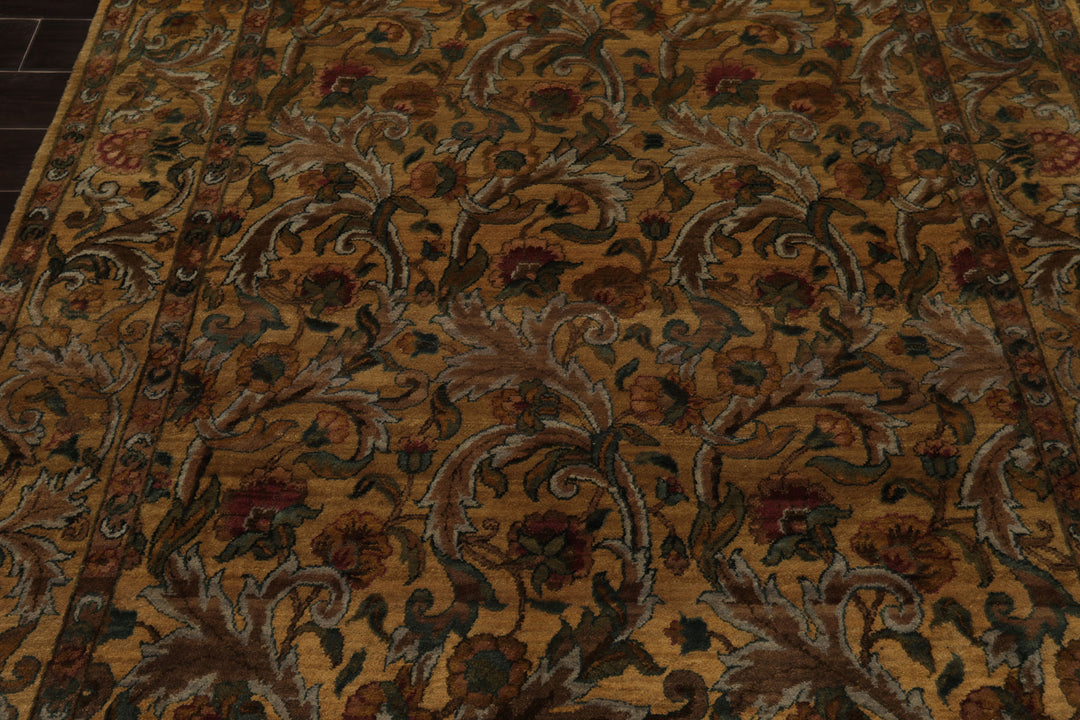 6x9 Gold, Green, Brown Color Hand Knotted Agra New Zealand Wool Traditional Oriental Rug