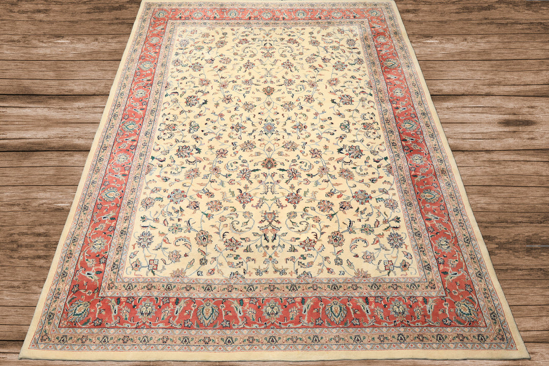 9x12 Ivory, Blush, Aqua Color Hand Knotted Agra Wool Traditional Oriental Rug
