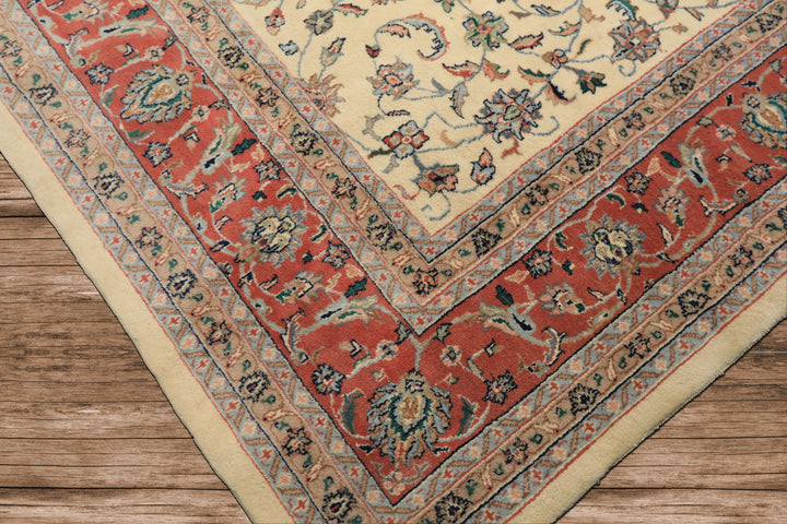 9x12 Ivory, Blush, Aqua Color Hand Knotted Agra Wool Traditional Oriental Rug