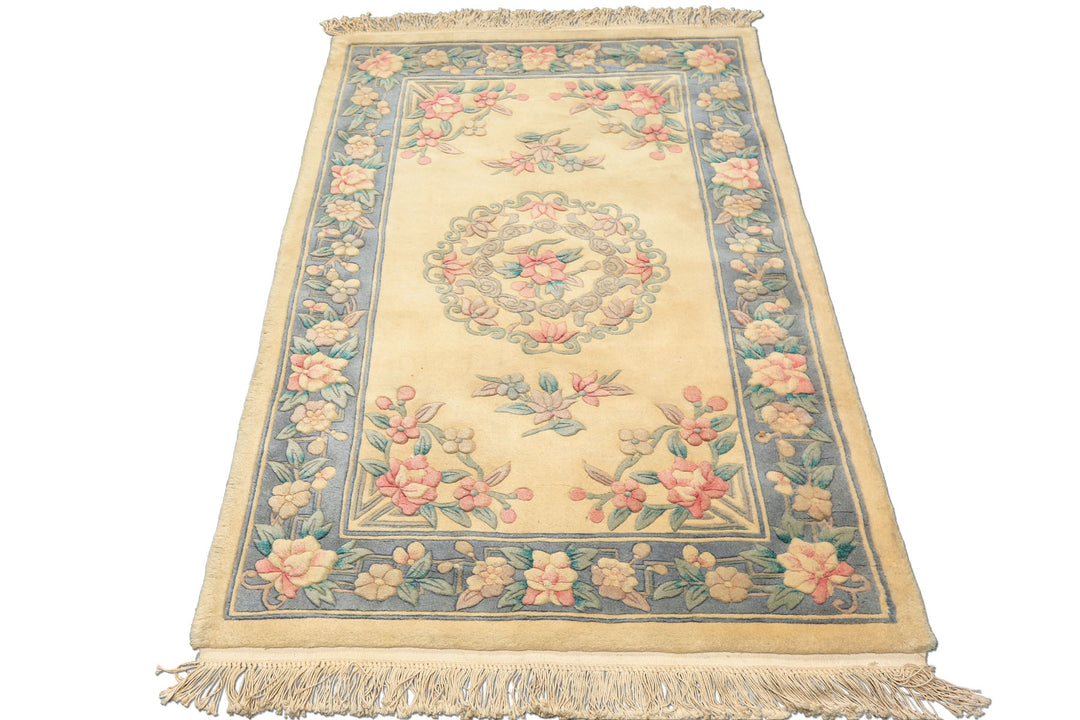 3x5 Ivory, Aqua, Blue Color Hand Knotted French Aubusson Savonerrie Wool Traditional Oriental Rug