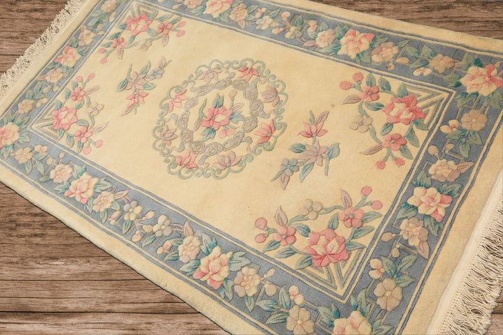 3x5 Ivory, Aqua, Blue Color Hand Knotted French Aubusson Savonerrie Wool Traditional Oriental Rug