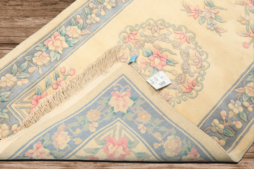 3x5 Ivory, Aqua, Blue Color Hand Knotted French Aubusson Savonerrie Wool Traditional Oriental Rug