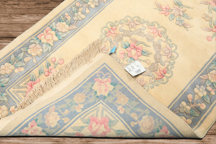 3x5 Ivory, Aqua, Blue Color Hand Knotted French Aubusson Savonerrie Wool Traditional Oriental Rug