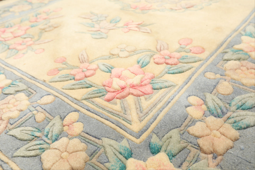 3x5 Ivory, Aqua, Blue Color Hand Knotted French Aubusson Savonerrie Wool Traditional Oriental Rug