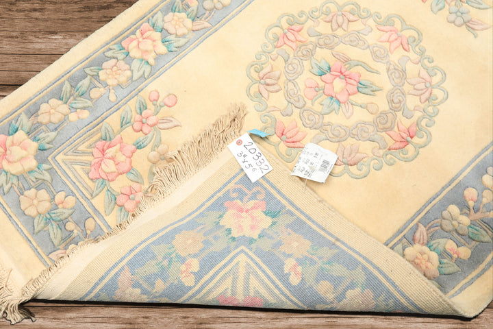 3x5 Ivory, Aqua, Blue Color Hand Knotted French Aubusson Savonerrie Wool Traditional Oriental Rug