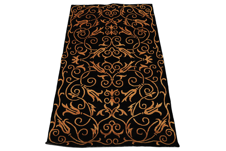 3x5 Black, Gold, Color Hand Knotted Tibetan Wool & Silk Transitional Oriental Rug