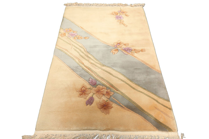 4x6 Beige, Aqua, Lavender Color Hand Knotted French Aubusson Savonerrie Wool Transitional Oriental Rug