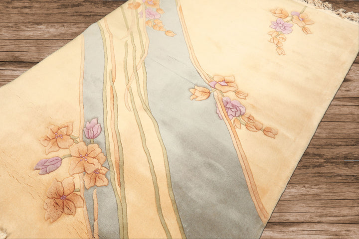 4x6 Beige, Aqua, Lavender Color Hand Knotted French Aubusson Savonerrie Wool Transitional Oriental Rug