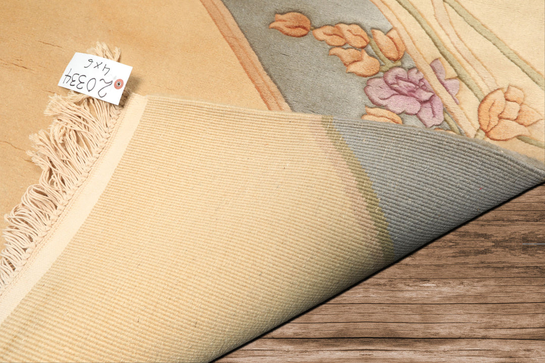 4x6 Beige, Aqua, Lavender Color Hand Knotted French Aubusson Savonerrie Wool Transitional Oriental Rug