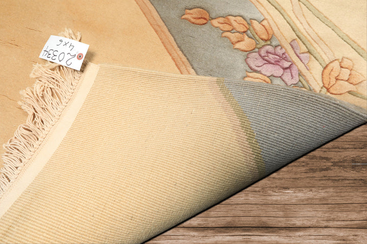 4x6 Beige, Aqua, Lavender Color Hand Knotted French Aubusson Savonerrie Wool Transitional Oriental Rug