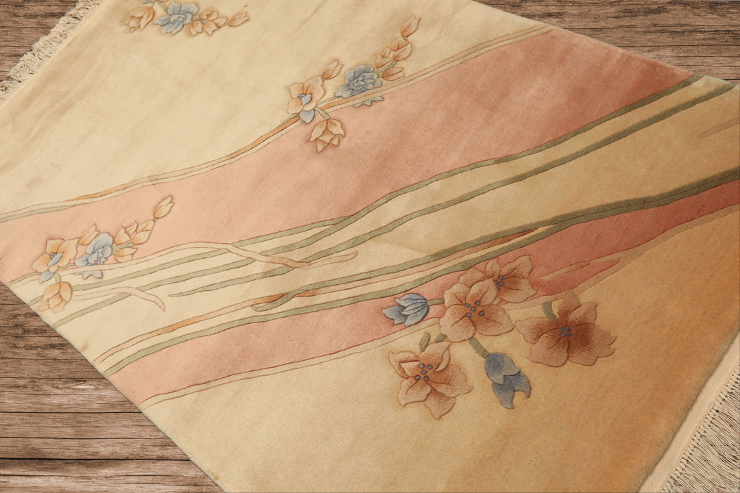 4x6 Beige, Blush, Blue Color Hand Knotted French Aubusson Savonerrie Wool Traditional Oriental Rug