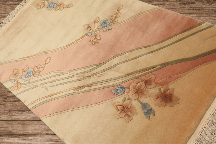 4x6 Beige, Blush, Blue Color Hand Knotted French Aubusson Savonerrie Wool Traditional Oriental Rug