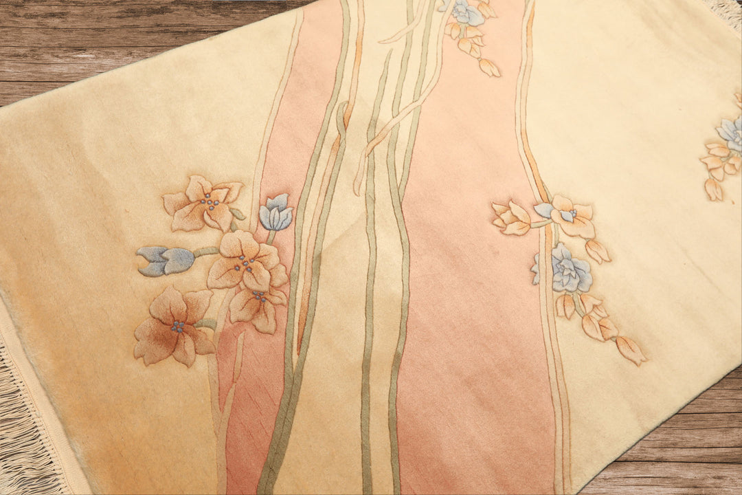 4x6 Beige, Blush, Blue Color Hand Knotted French Aubusson Savonerrie Wool Traditional Oriental Rug