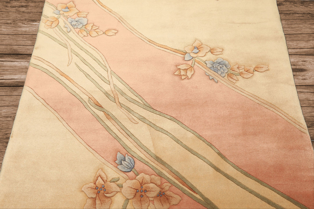 4x6 Beige, Blush, Blue Color Hand Knotted French Aubusson Savonerrie Wool Traditional Oriental Rug