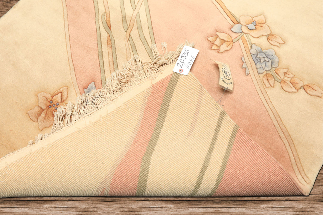 4x6 Beige, Blush, Blue Color Hand Knotted French Aubusson Savonerrie Wool Traditional Oriental Rug