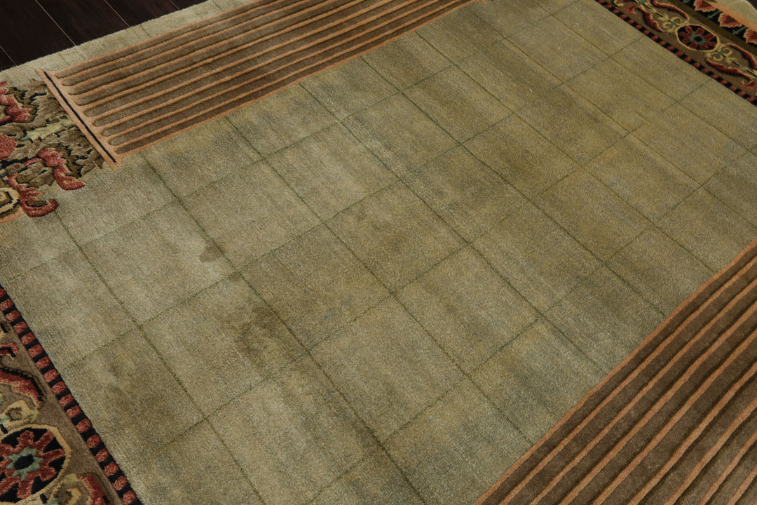 6x9 Mint, Brown, Rose Color Hand Knotted Tibetan New Zealand Wool Traditional Oriental Rug