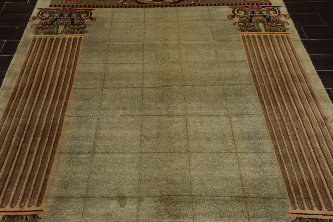 6x9 Mint, Brown, Rose Color Hand Knotted Tibetan New Zealand Wool Traditional Oriental Rug