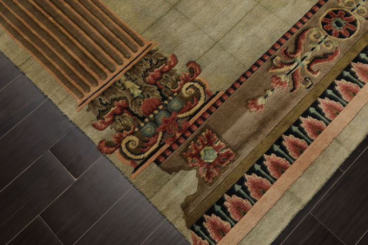 6x9 Mint, Brown, Rose Color Hand Knotted Tibetan New Zealand Wool Traditional Oriental Rug