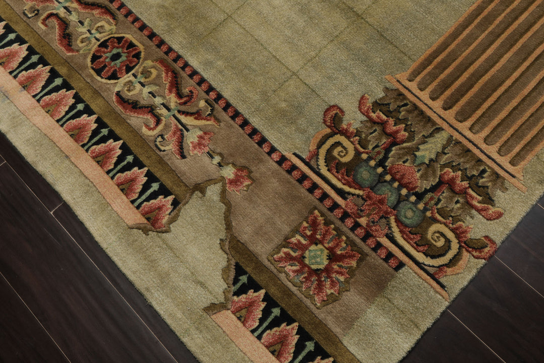 6x9 Mint, Brown, Rose Color Hand Knotted Tibetan New Zealand Wool Traditional Oriental Rug