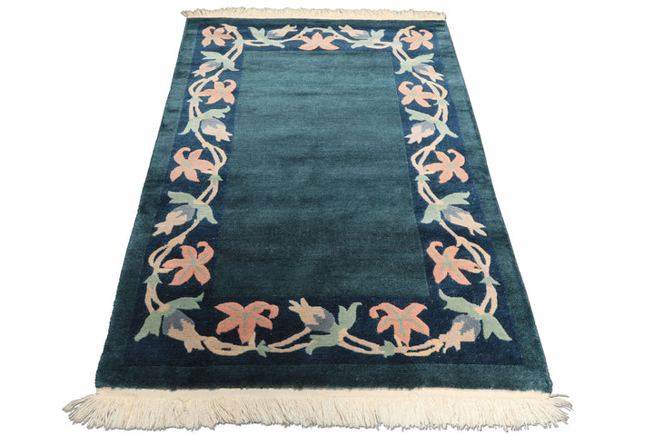 4x6 Teal, Navy, Blush Color Hand Knotted Tibetan Wool Classic European Oriental Rug