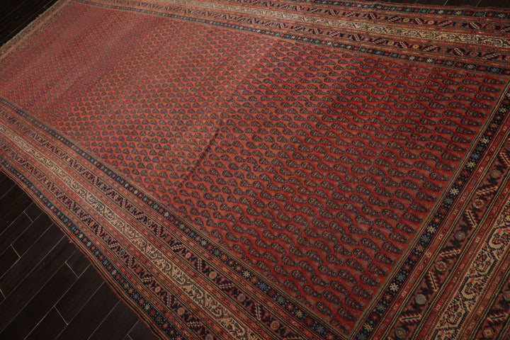 7x15 Antique Rose, Ivory, Navy Color Hand Knotted Antique Serabend Wool Traditional Oriental Rug