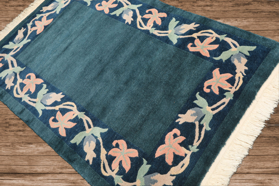 4x6 Teal, Navy, Blush Color Hand Knotted Tibetan Wool Classic European Oriental Rug
