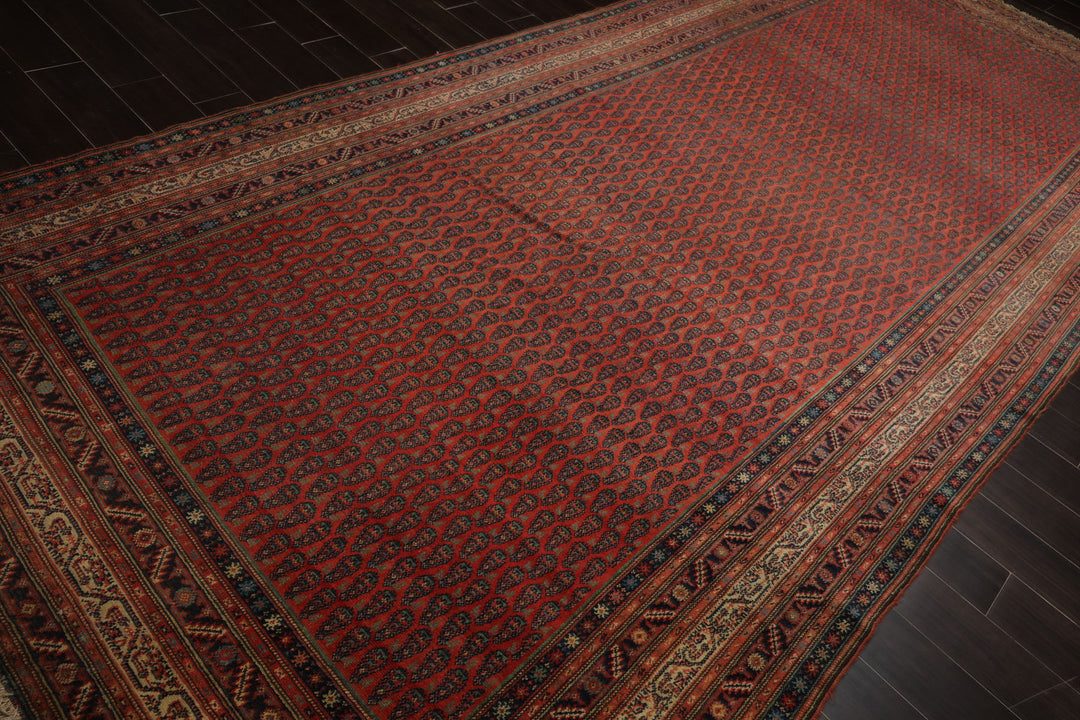 7x15 Antique Rose, Ivory, Navy Color Hand Knotted Antique Serabend Wool Traditional Oriental Rug