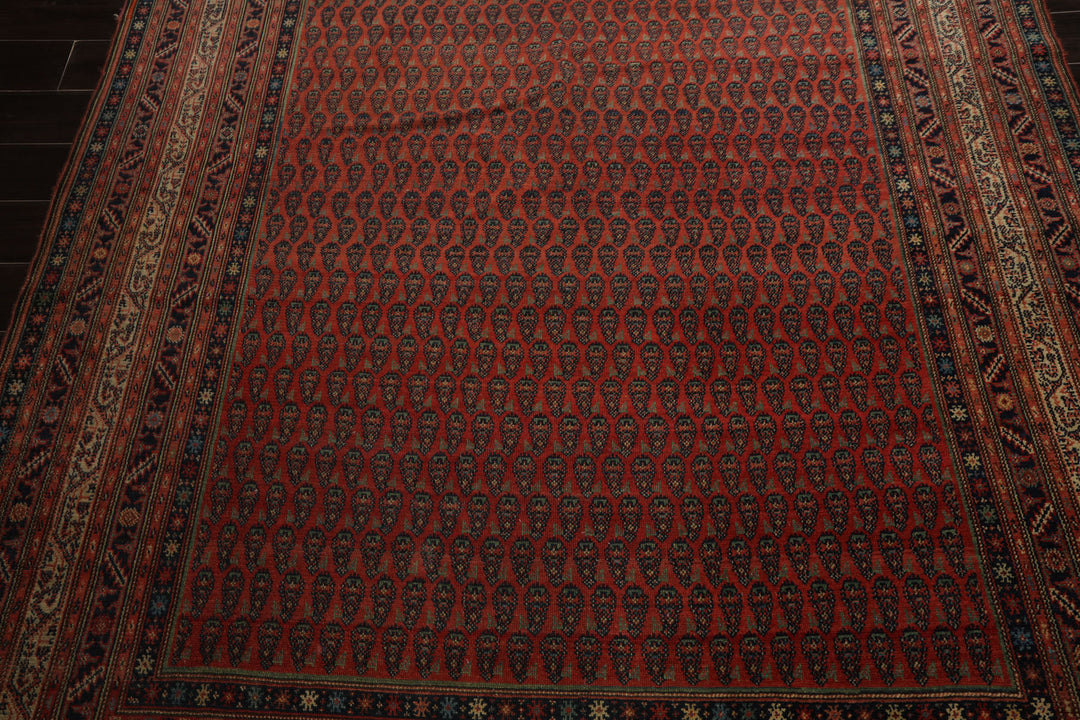 7x15 Antique Rose, Ivory, Navy Color Hand Knotted Antique Serabend Wool Traditional Oriental Rug