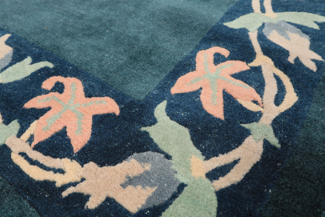 4x6 Teal, Navy, Blush Color Hand Knotted Tibetan Wool Classic European Oriental Rug