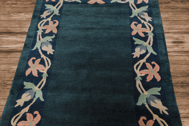 4x6 Teal, Navy, Blush Color Hand Knotted Tibetan Wool Classic European Oriental Rug