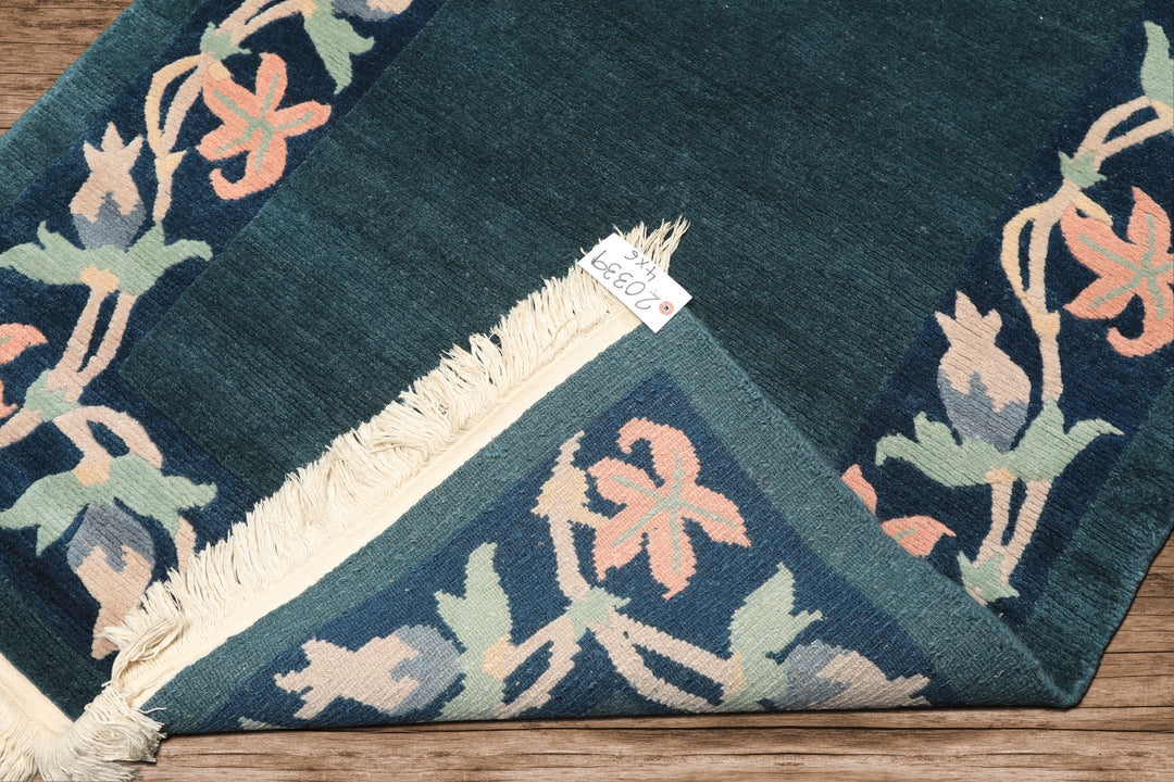 4x6 Teal, Navy, Blush Color Hand Knotted Tibetan Wool Classic European Oriental Rug