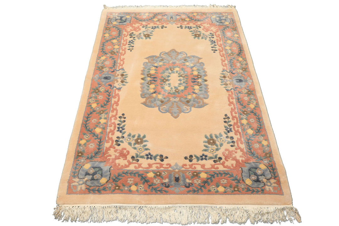 4x6 Peach, Blush, Blue Color Hand Knotted French Aubusson Savonerrie Wool Traditional Oriental Rug