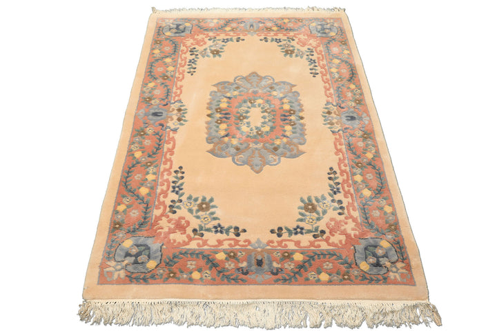 4x6 Peach, Blush, Blue Color Hand Knotted French Aubusson Savonerrie Wool Traditional Oriental Rug
