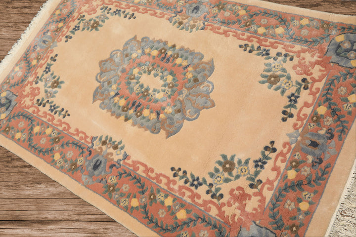 4x6 Peach, Blush, Blue Color Hand Knotted French Aubusson Savonerrie Wool Traditional Oriental Rug