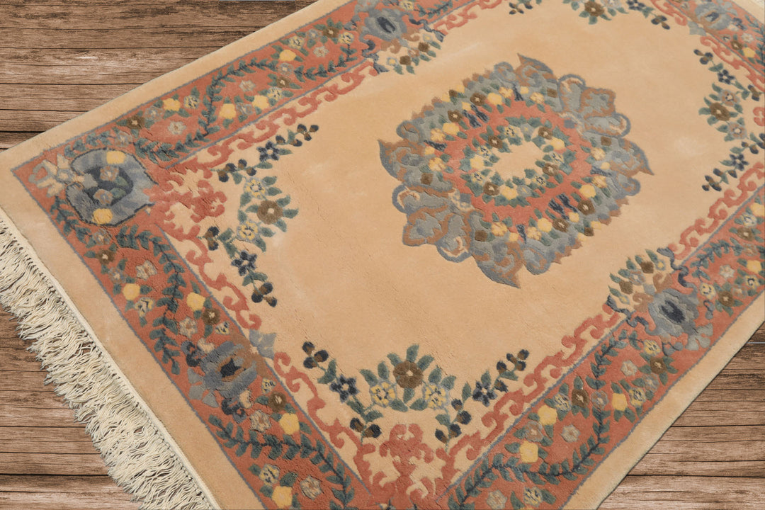 4x6 Peach, Blush, Blue Color Hand Knotted French Aubusson Savonerrie Wool Traditional Oriental Rug